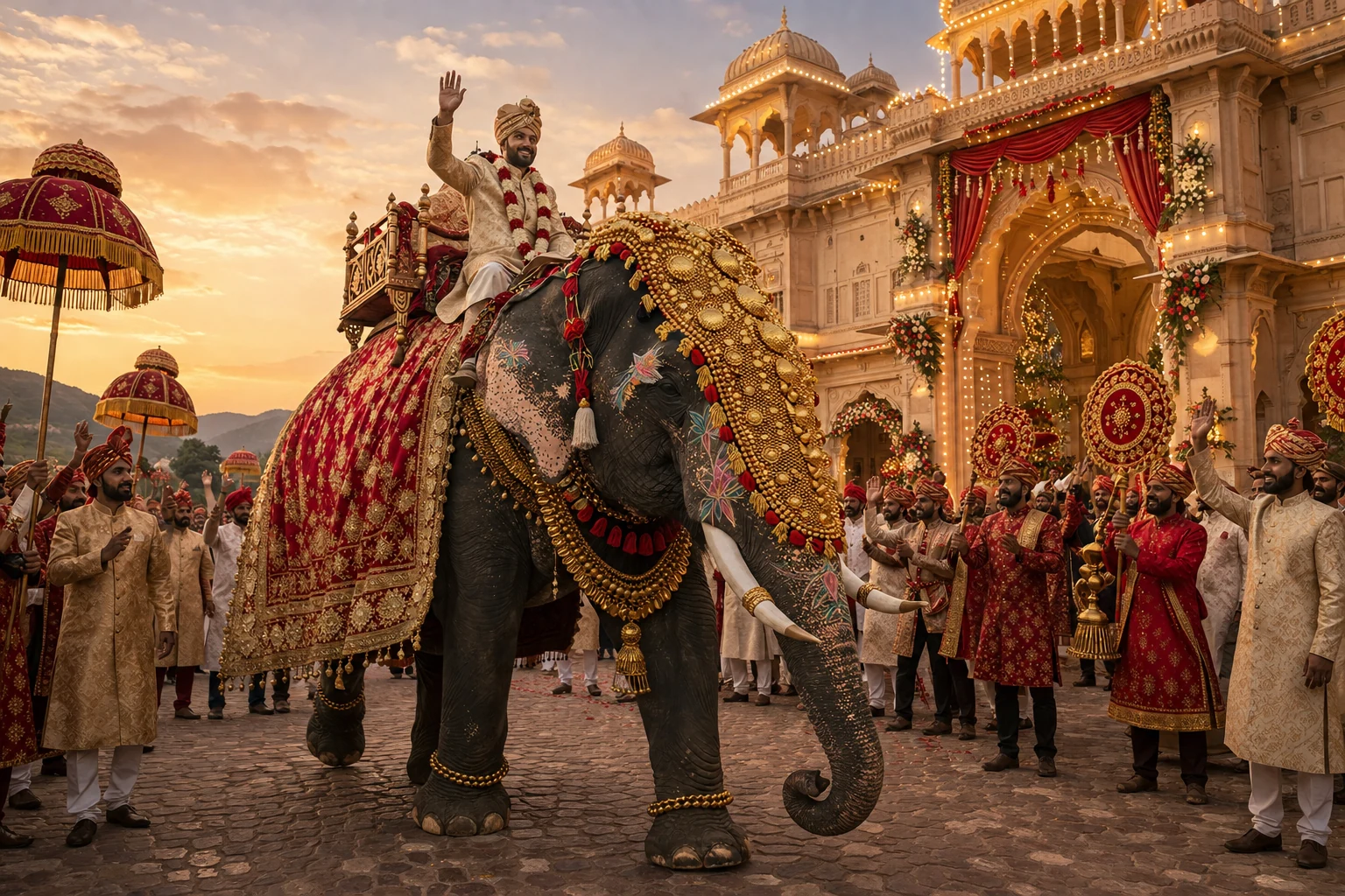Bride and groom arriving on a decorated wedding elephant in Jaipur